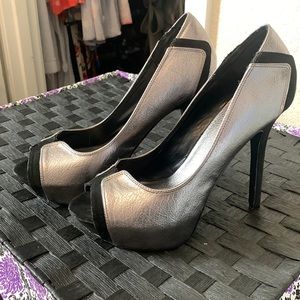 Joey O silver metallic, black faux suede platform size 10.